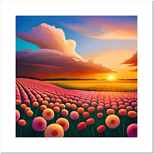 Sunset flower field Posters and Art